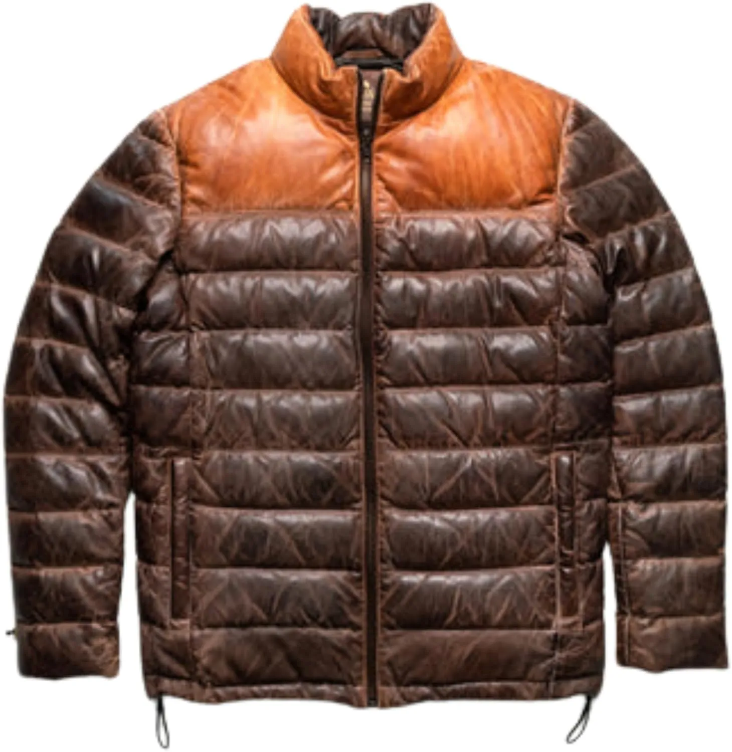 Men's Down Puffer Lamb Leather Jacket, Quilted, Two Tone Brown and Tan
