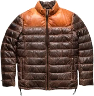 Men's Down Puffer Lamb Leather Jacket, Quilted, Two Tone Brown and Tan