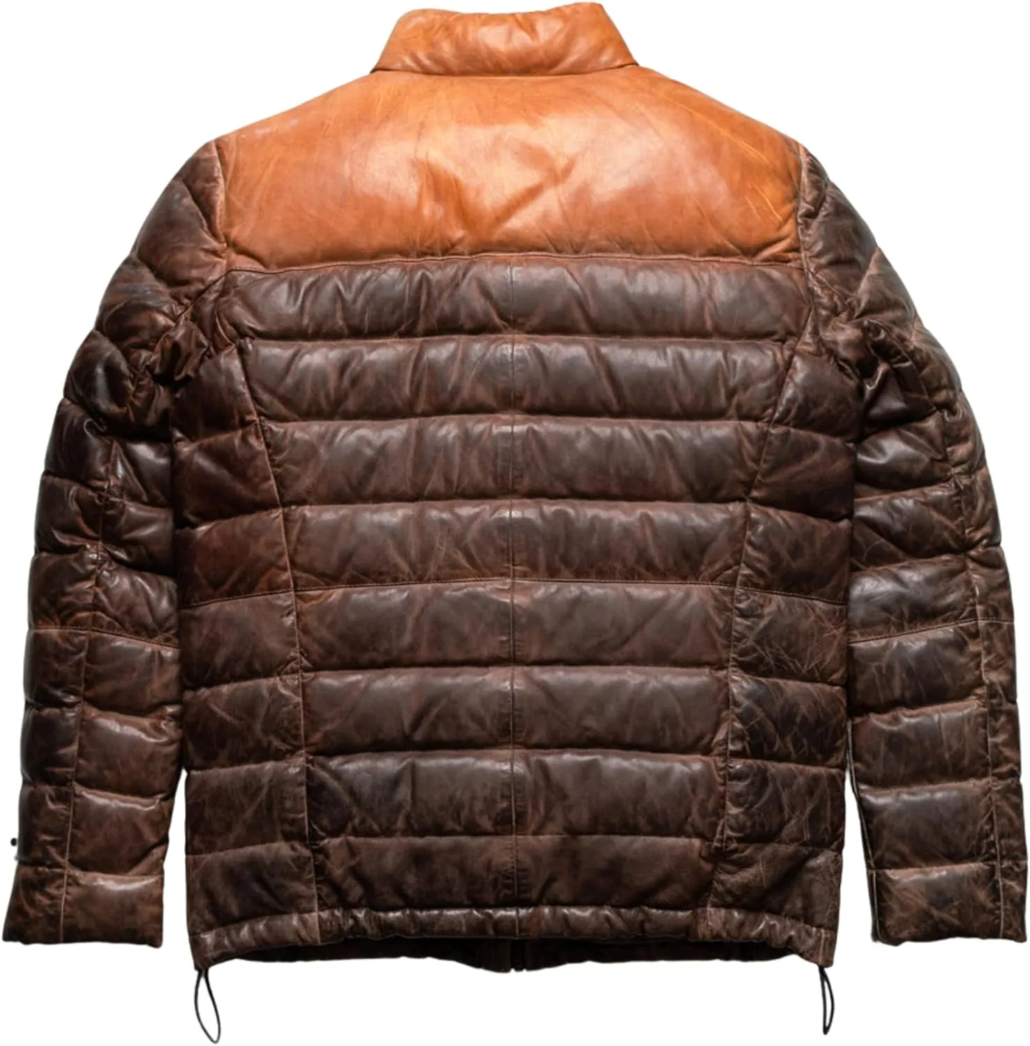 Men's Down Puffer Lamb Leather Jacket, Quilted, Two Tone Brown and Tan
