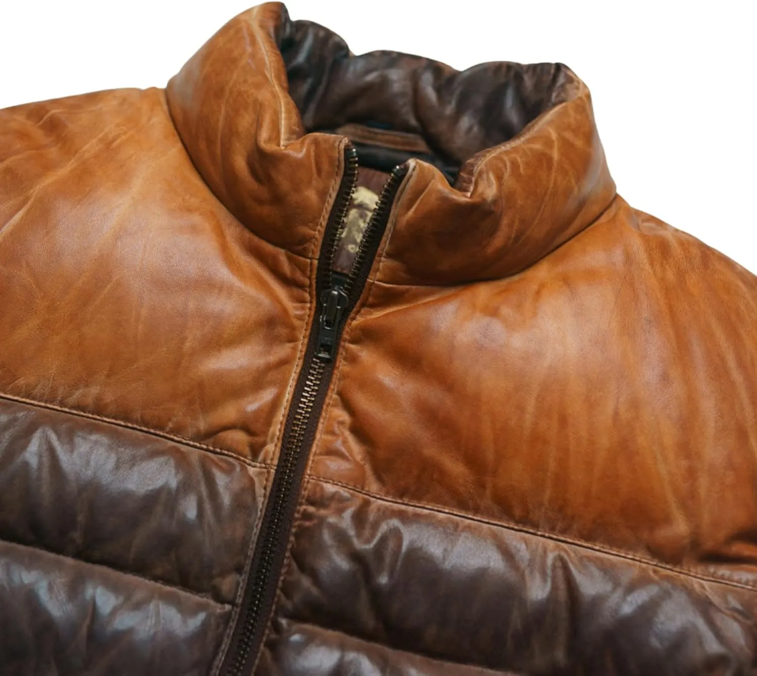 Men's Down Puffer Lamb Leather Jacket, Quilted, Two Tone Brown and Tan