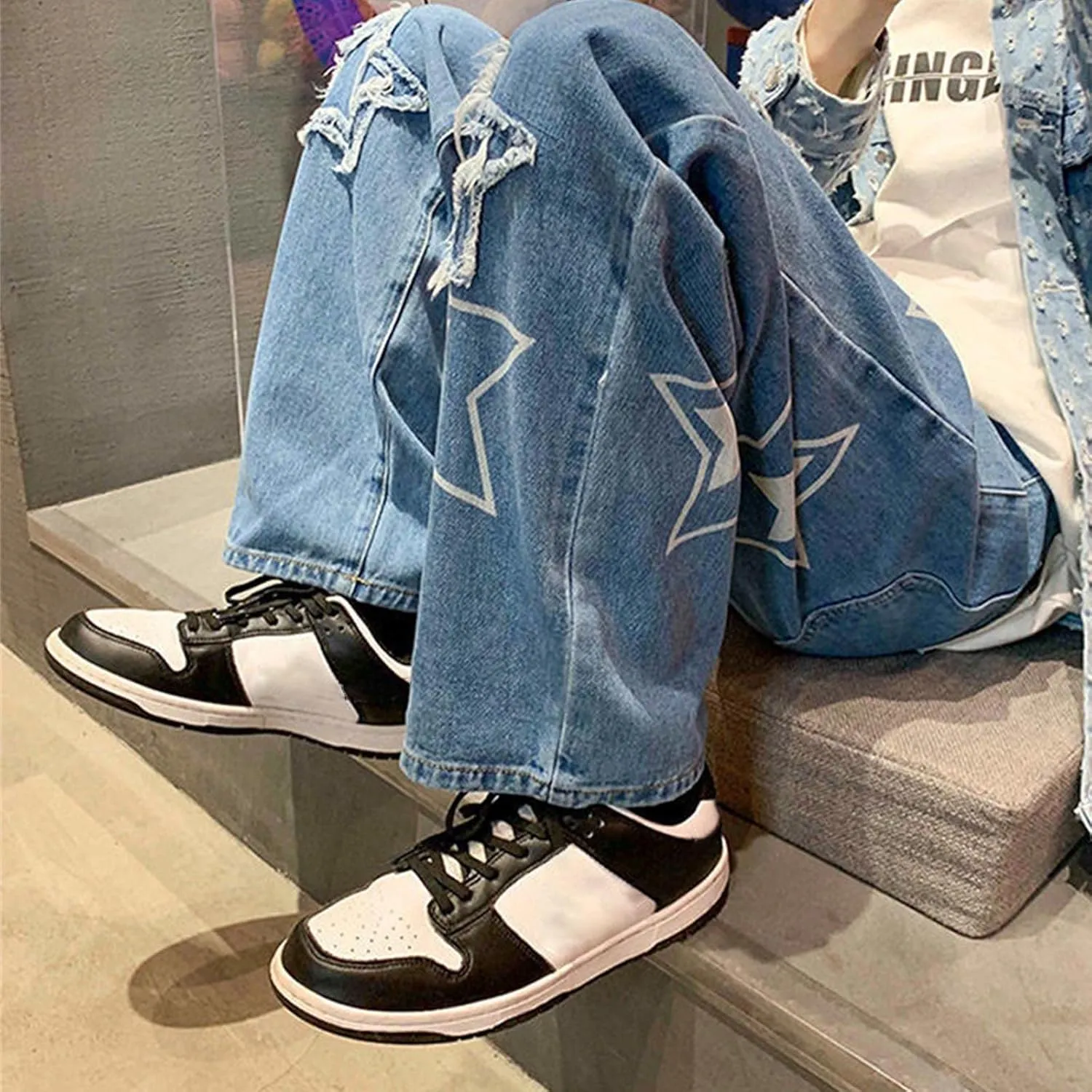Men's Fashion Brand High Street Sharpened Jeans Wide Leg Trousers Pants Relaxed Fit Jeans Men Stretch Jeans for
