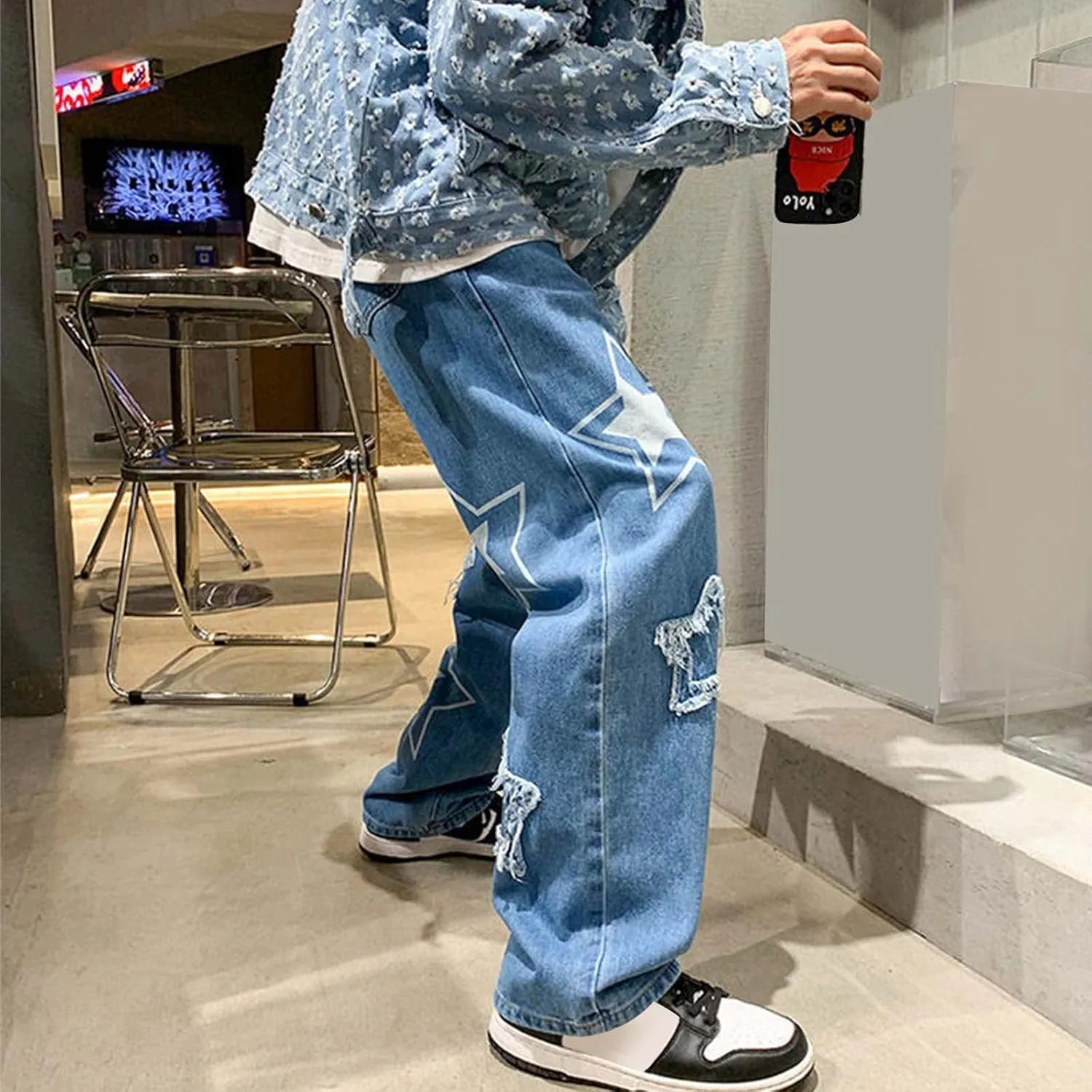 Men's Fashion Brand High Street Sharpened Jeans Wide Leg Trousers Pants Relaxed Fit Jeans Men Stretch Jeans for