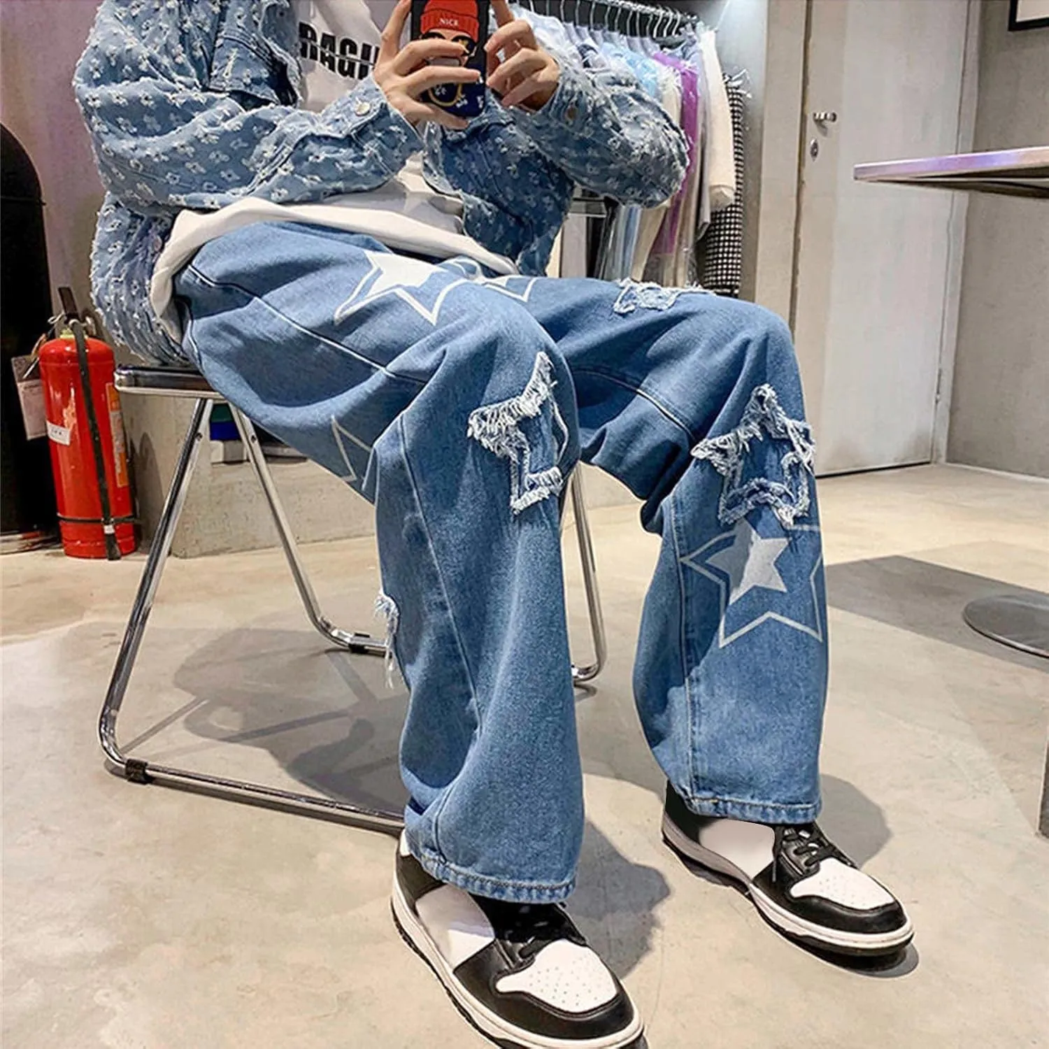 Men's Fashion Brand High Street Sharpened Jeans Wide Leg Trousers Pants Relaxed Fit Jeans Men Stretch Jeans for
