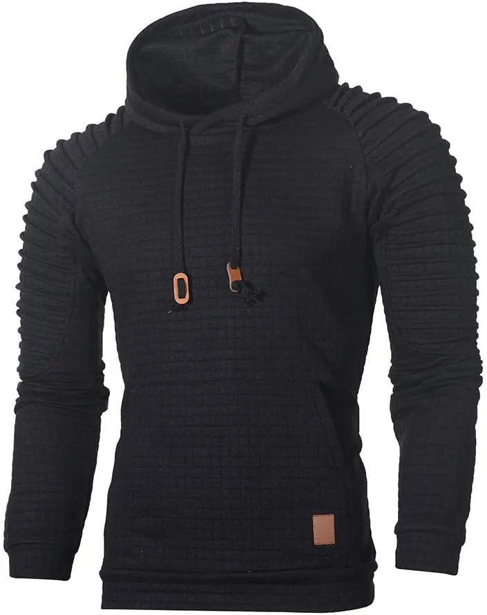 Mens Fashion Hoodies Muscle Gym Raglan Long Sleeves Drawstring Pleated Plaid Jacquard Pullover Hooded Sweatshirts