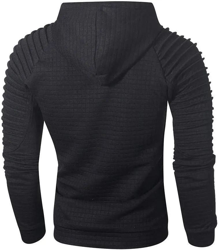 Mens Fashion Hoodies Muscle Gym Raglan Long Sleeves Drawstring Pleated Plaid Jacquard Pullover Hooded Sweatshirts
