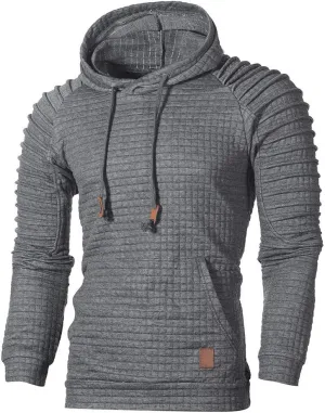 Mens Fashion Hoodies Muscle Gym Raglan Long Sleeves Drawstring Pleated Plaid Jacquard Pullover Hooded Sweatshirts