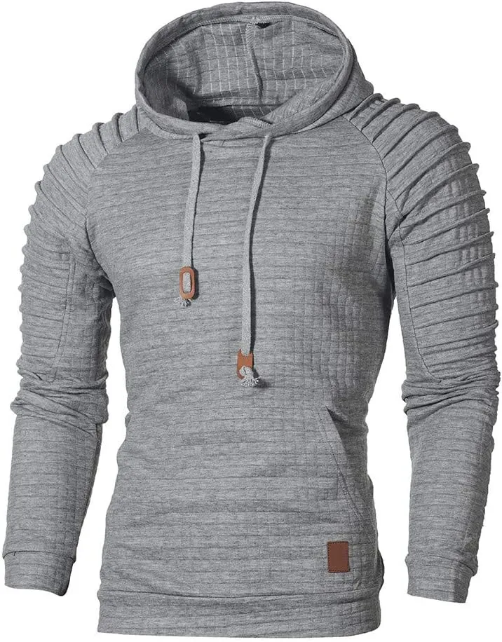 Mens Fashion Hoodies Muscle Gym Raglan Long Sleeves Drawstring Pleated Plaid Jacquard Pullover Hooded Sweatshirts