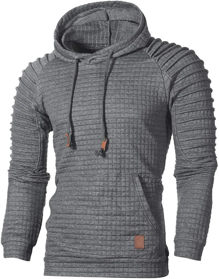 Mens Fashion Hoodies Muscle Gym Raglan Long Sleeves Drawstring Pleated Plaid Jacquard Pullover Hooded Sweatshirts