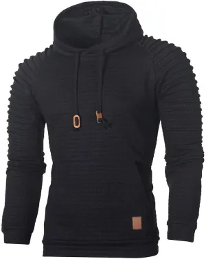 Mens Fashion Hoodies Muscle Gym Raglan Long Sleeves Drawstring Pleated Plaid Jacquard Pullover Hooded Sweatshirts