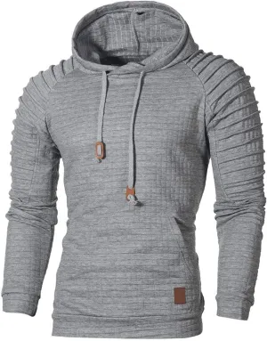 Mens Fashion Hoodies Muscle Gym Raglan Long Sleeves Drawstring Pleated Plaid Jacquard Pullover Hooded Sweatshirts