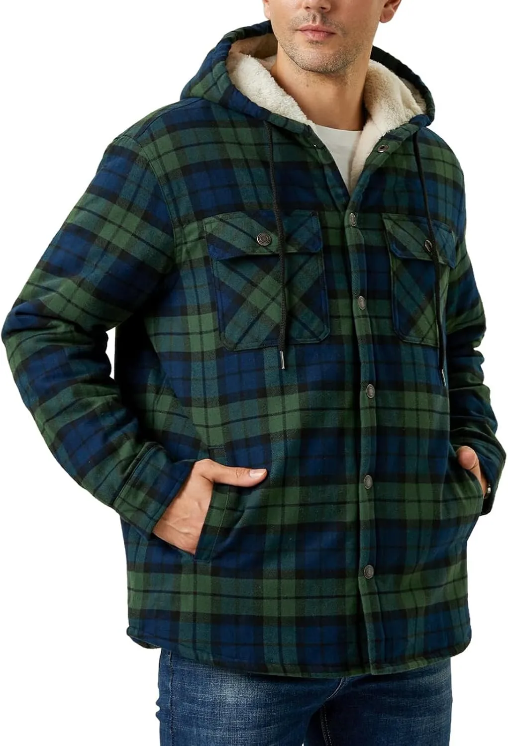 Men's Flannel Jacket Hooded Plaid Shirt Jackets Soft Warm Sherpa Lined Coats Winter Button Down Jackets with Pockets