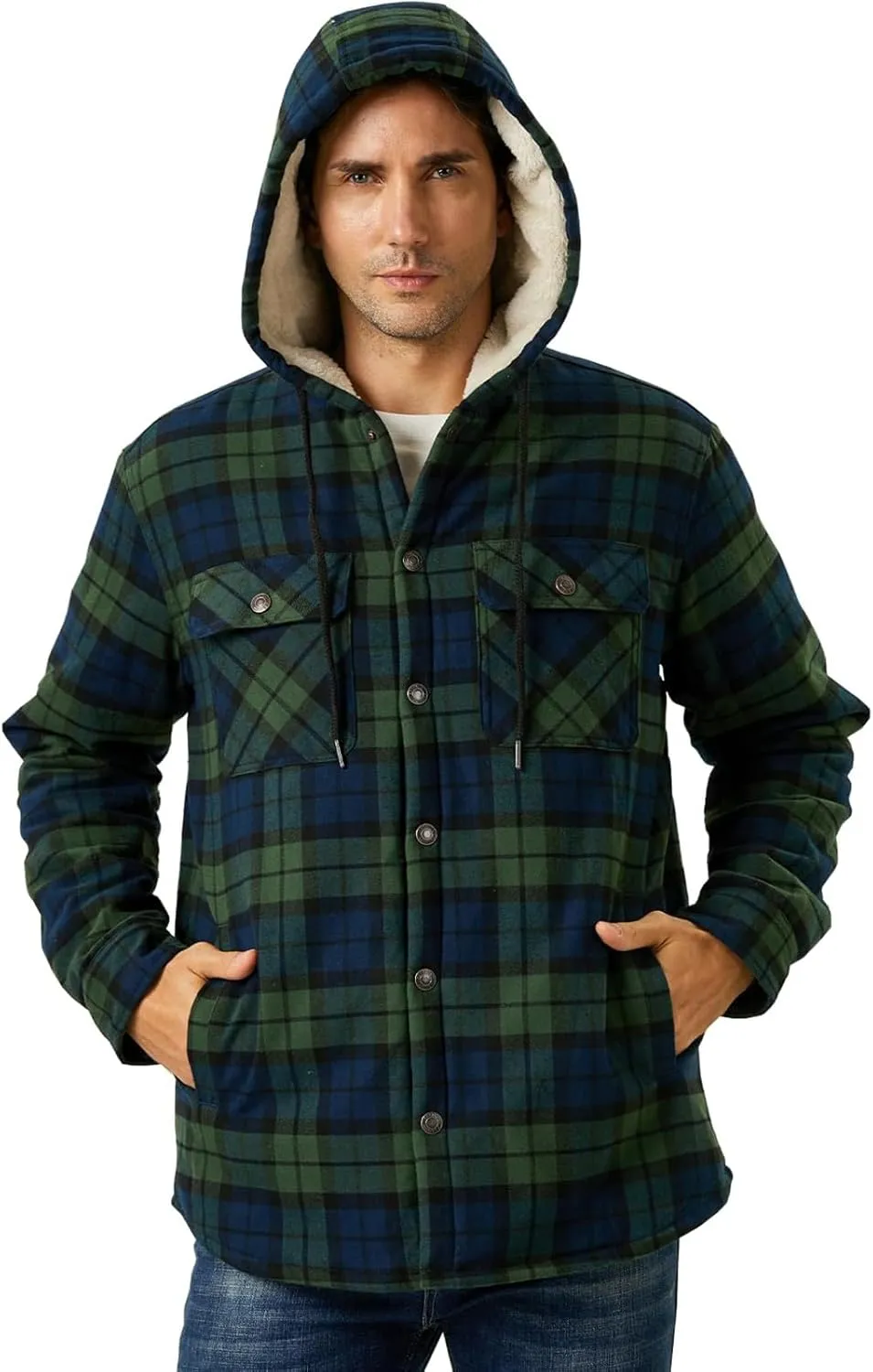 Men's Flannel Jacket Hooded Plaid Shirt Jackets Soft Warm Sherpa Lined Coats Winter Button Down Jackets with Pockets