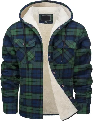 Men's Flannel Jacket Hooded Plaid Shirt Jackets Soft Warm Sherpa Lined Coats Winter Button Down Jackets with Pockets
