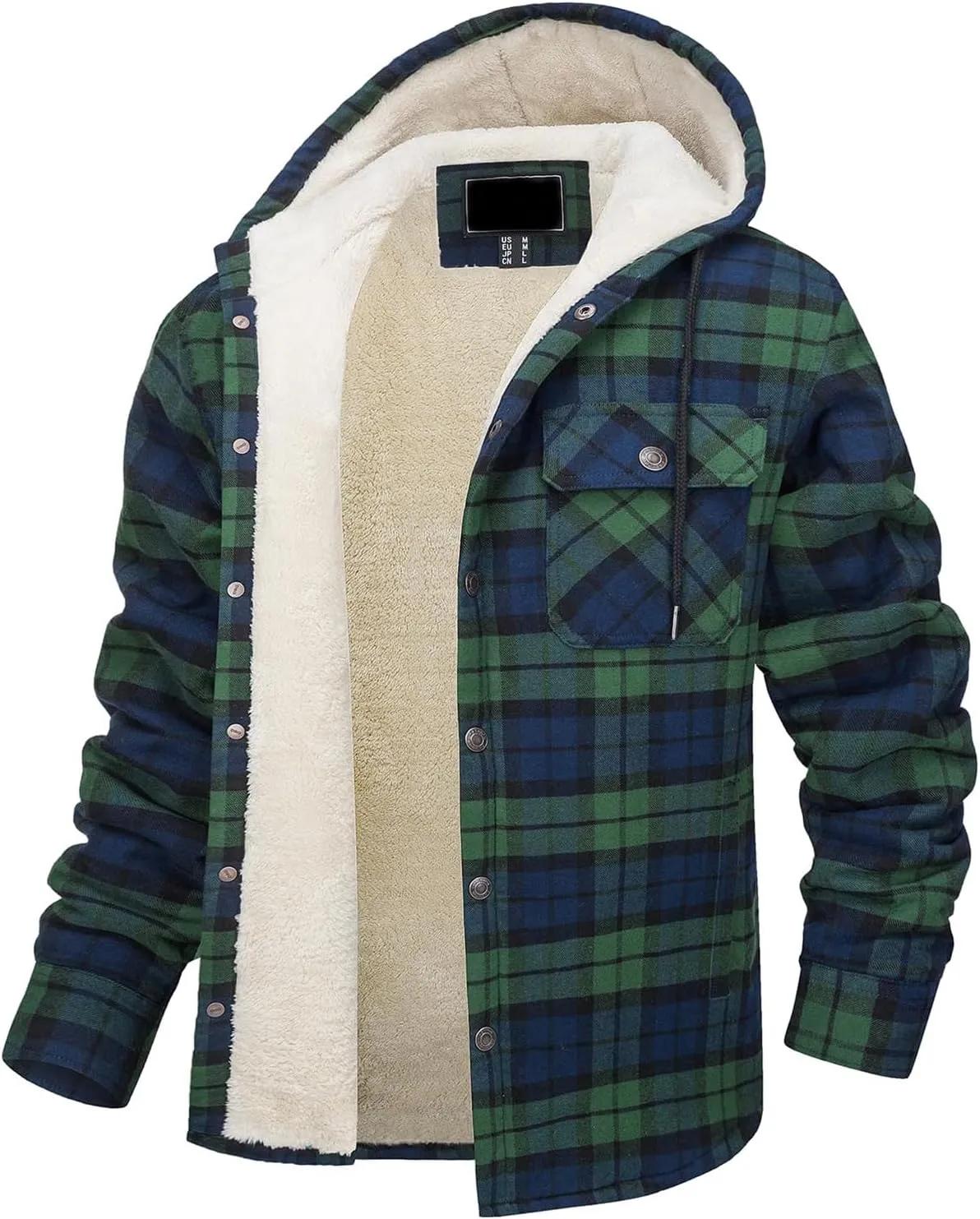Men's Flannel Jacket Hooded Plaid Shirt Jackets Soft Warm Sherpa Lined Coats Winter Button Down Jackets with Pockets
