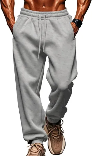 Mens Fleece Cargo Sweatpants Loose Fit Elastic Waist Drawstring Athletic Baggy Jogger Sweat Pants Zipper Pocket