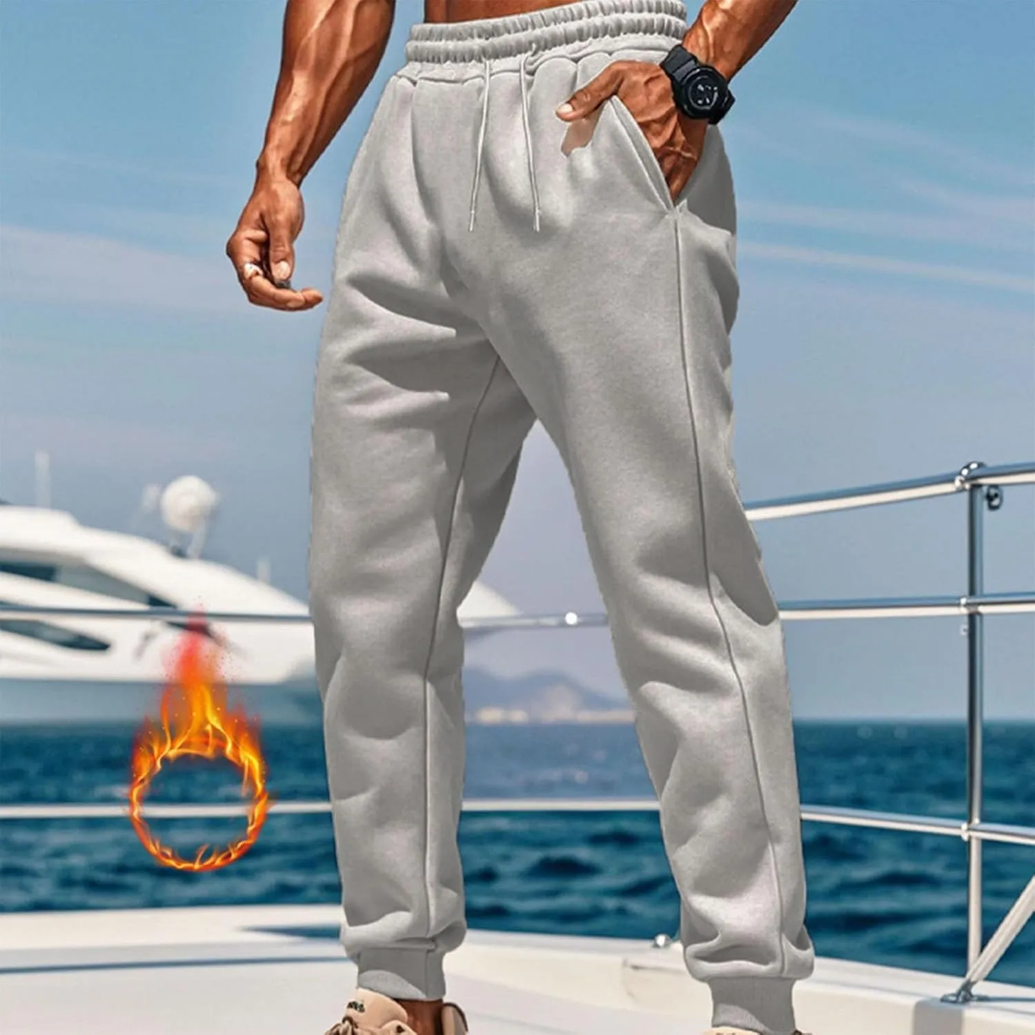 Mens Fleece Cargo Sweatpants Loose Fit Elastic Waist Drawstring Athletic Baggy Jogger Sweat Pants Zipper Pocket