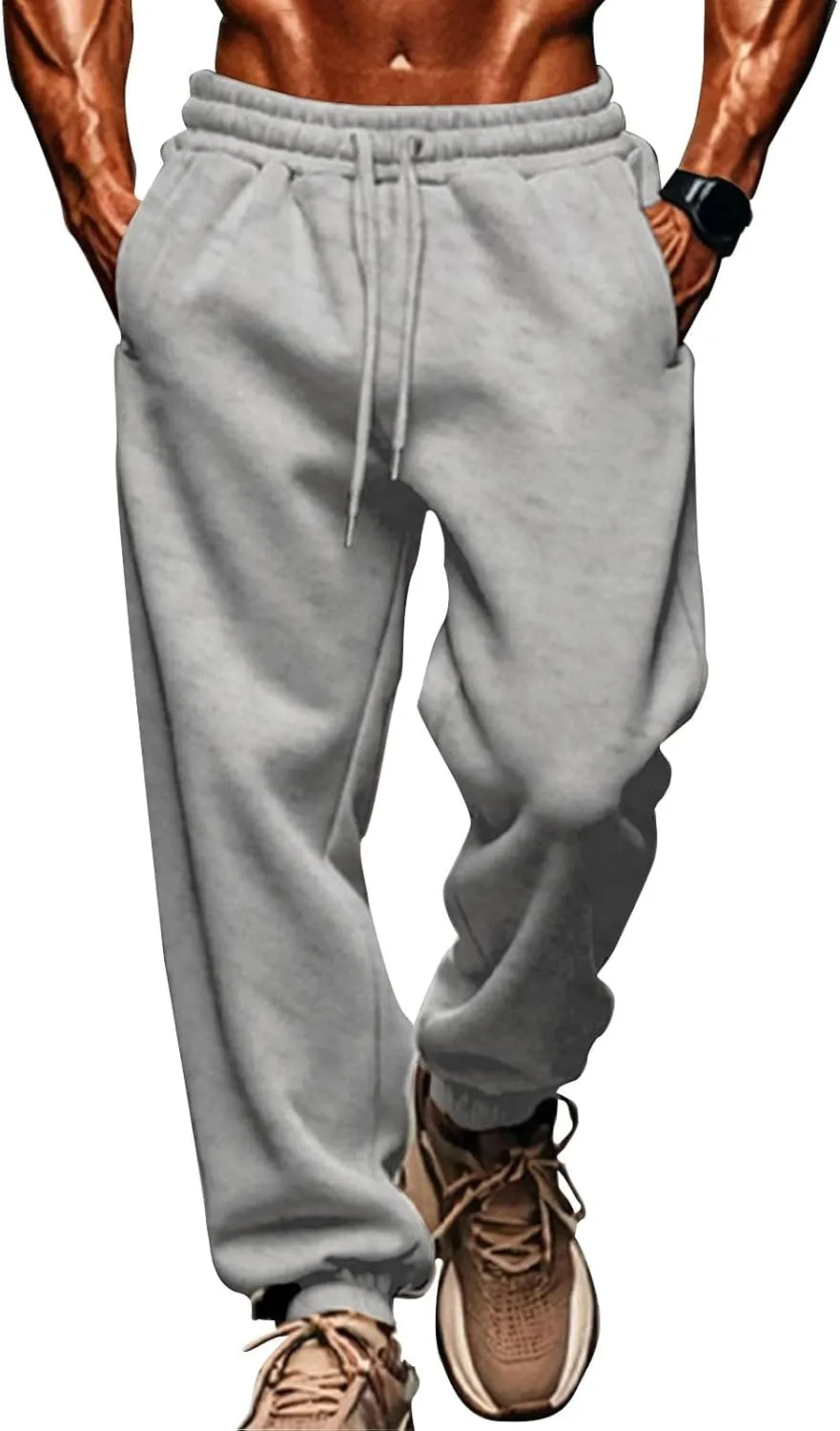 Mens Fleece Cargo Sweatpants Loose Fit Elastic Waist Drawstring Athletic Baggy Jogger Sweat Pants Zipper Pocket