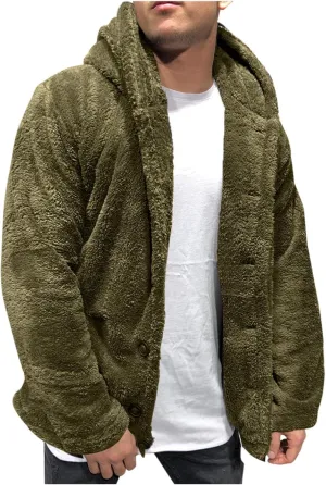 Mens Fleece Cotton Coat Solid Color Hooded Jacket Wool Lined Overshirt Single Breasted Peacoat Trend