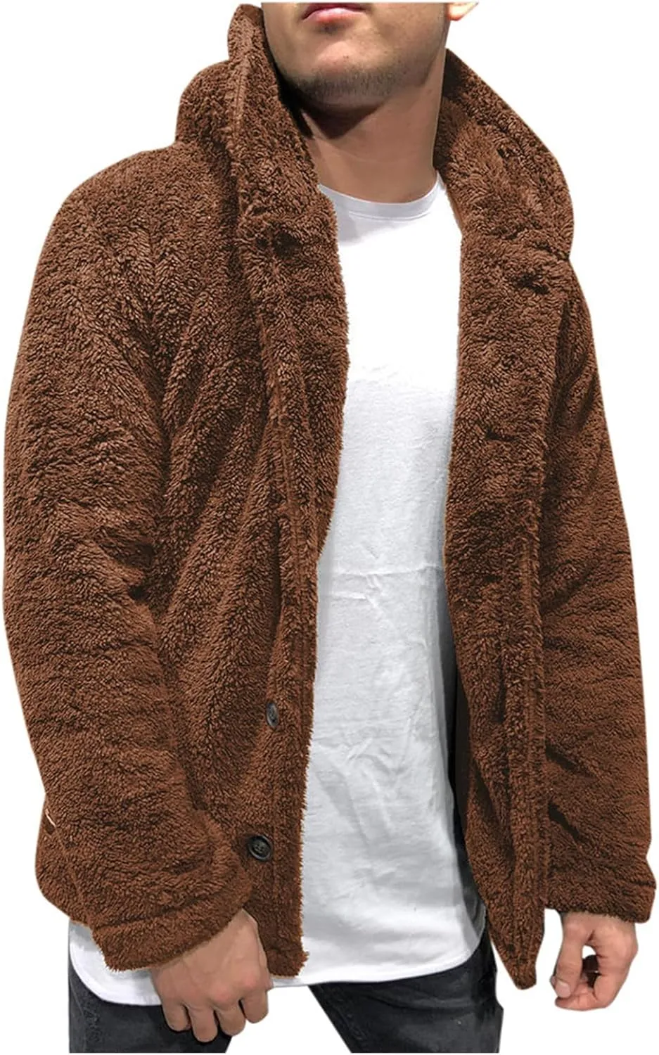 Mens Fleece Cotton Coat Solid Color Hooded Jacket Wool Lined Overshirt Single Breasted Peacoat Trend