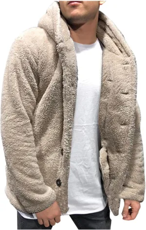 Mens Fleece Cotton Coat Solid Color Hooded Jacket Wool Lined Overshirt Single Breasted Peacoat Trend