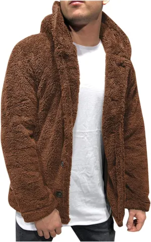 Mens Fleece Cotton Coat Solid Color Hooded Jacket Wool Lined Overshirt Single Breasted Peacoat Trend