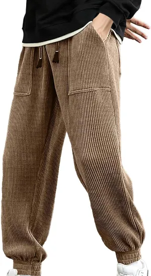 Mens' Fleece Joggers Pants New Men's Corduroy Loose Solid Casual Elastic Waistband Straight Stretch Tapered