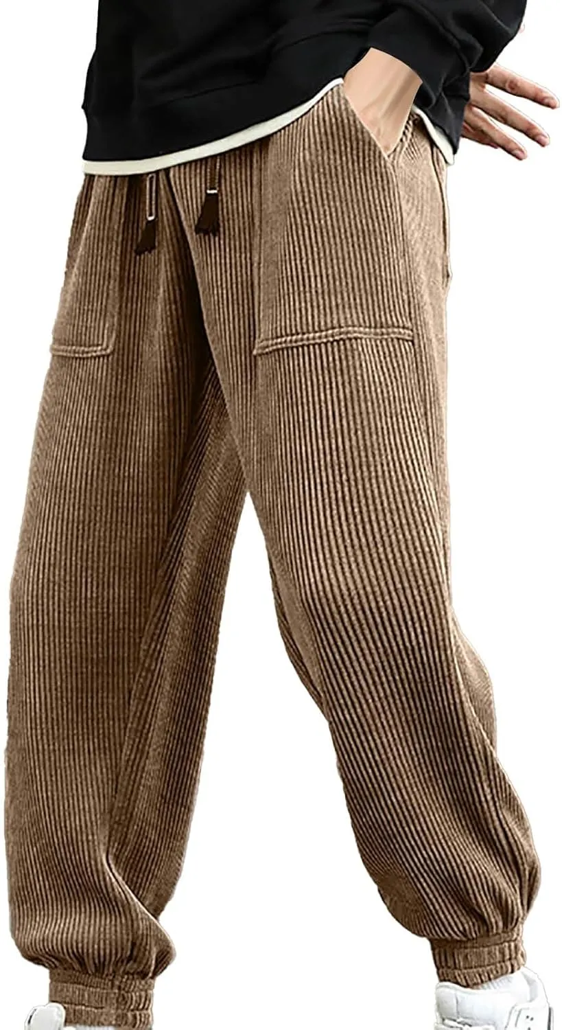 Mens' Fleece Joggers Pants New Men's Corduroy Loose Solid Casual Elastic Waistband Straight Stretch Tapered
