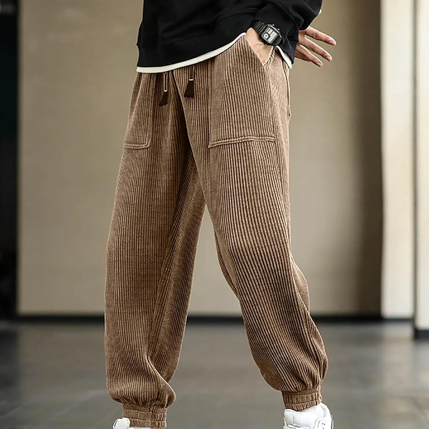 Mens' Fleece Joggers Pants New Men's Corduroy Loose Solid Casual Elastic Waistband Straight Stretch Tapered