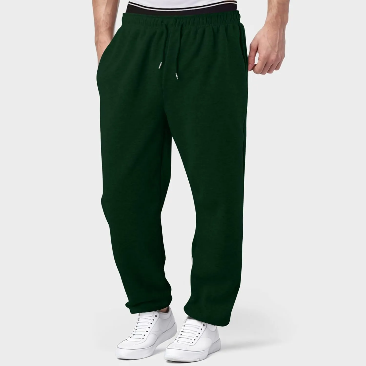 Men's Fleece Lined Sweatpants Wide Free Straight Leg Jogging Pants Workout High Waist Yoga Pants with Pockets