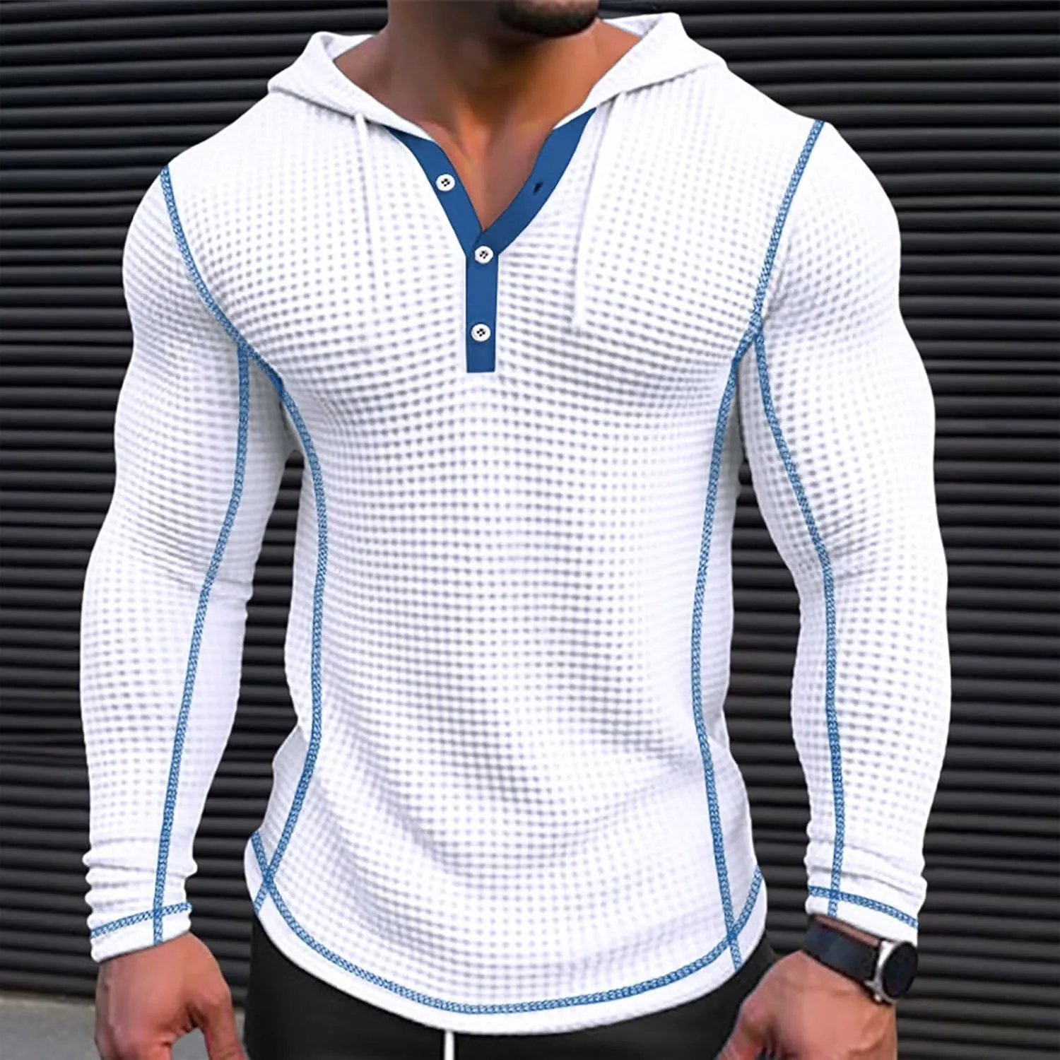 Mens Hoodies Pullover Casual Long Sleeve Drawstring Waffle Knit Hooded Sweatshirt Bodybuilding Muscle Shirt