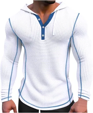 Mens Hoodies Pullover Casual Long Sleeve Drawstring Waffle Knit Hooded Sweatshirt Bodybuilding Muscle Shirt