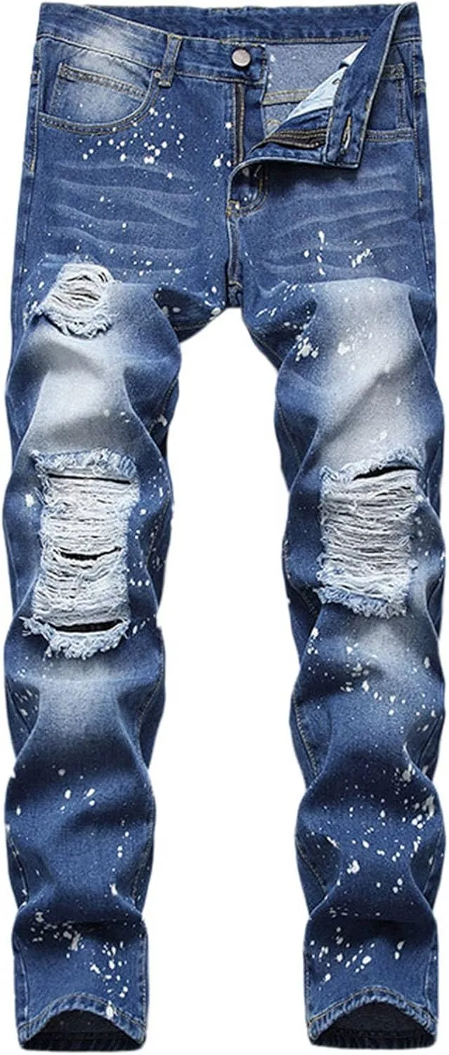 Mens Jeans and Summer Casual Ripped Jeans Straight Leg Plus Size Fashion Pants Distressed Trousers Pants Men Jeans