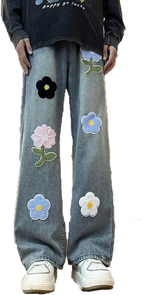 Mens Jeans Straight Leg Relaxed Fit Floral Patchwork Trendy Y2K Grunge Denim Pants