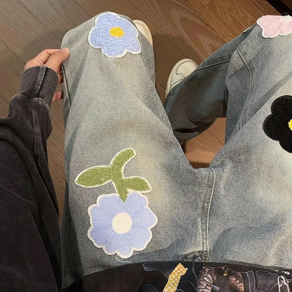Mens Jeans Straight Leg Relaxed Fit Floral Patchwork Trendy Y2K Grunge Denim Pants