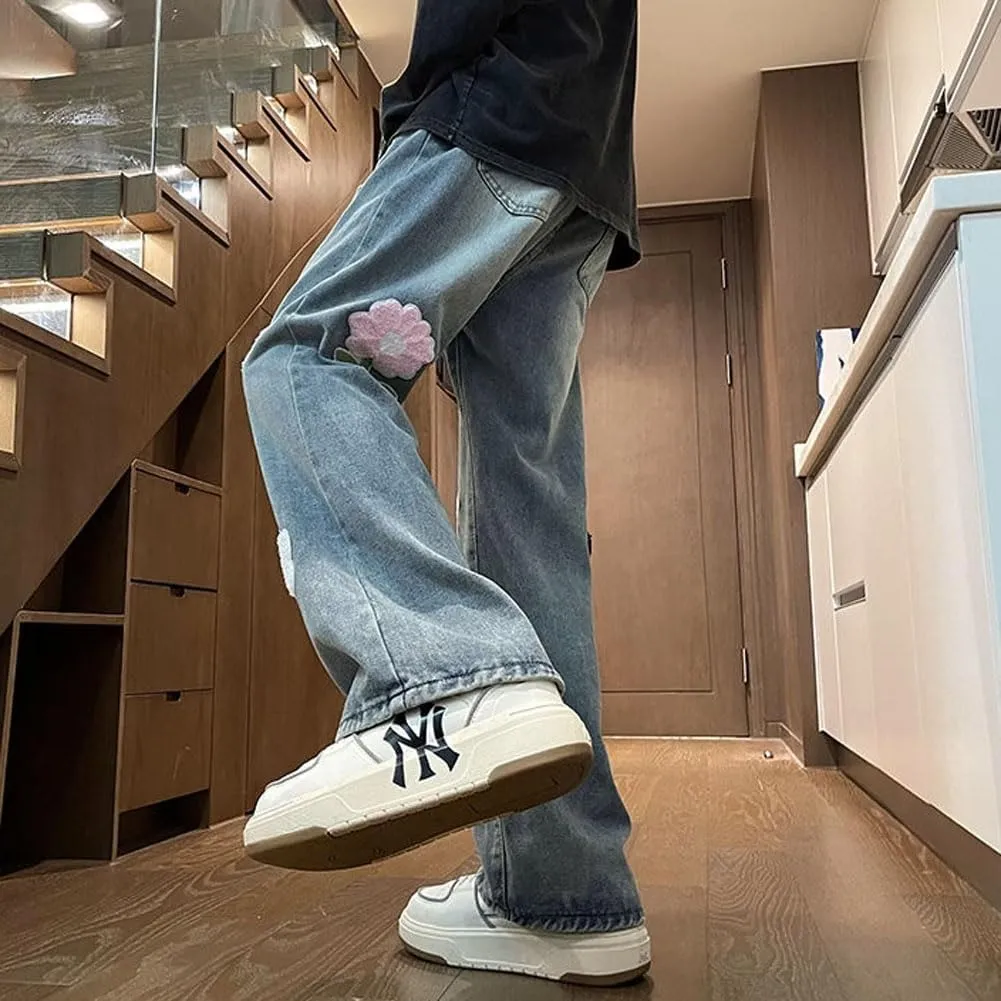 Mens Jeans Straight Leg Relaxed Fit Floral Patchwork Trendy Y2K Grunge Denim Pants