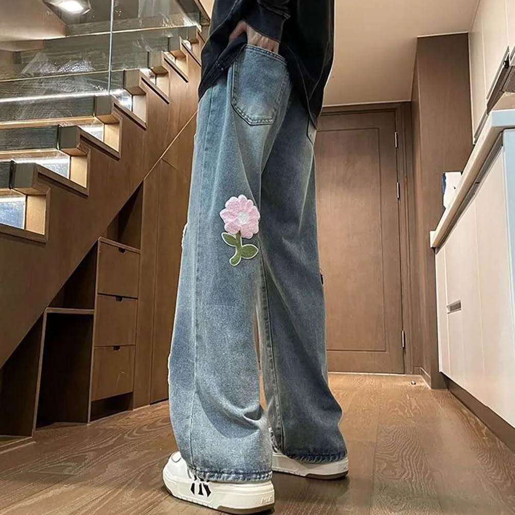 Mens Jeans Straight Leg Relaxed Fit Floral Patchwork Trendy Y2K Grunge Denim Pants