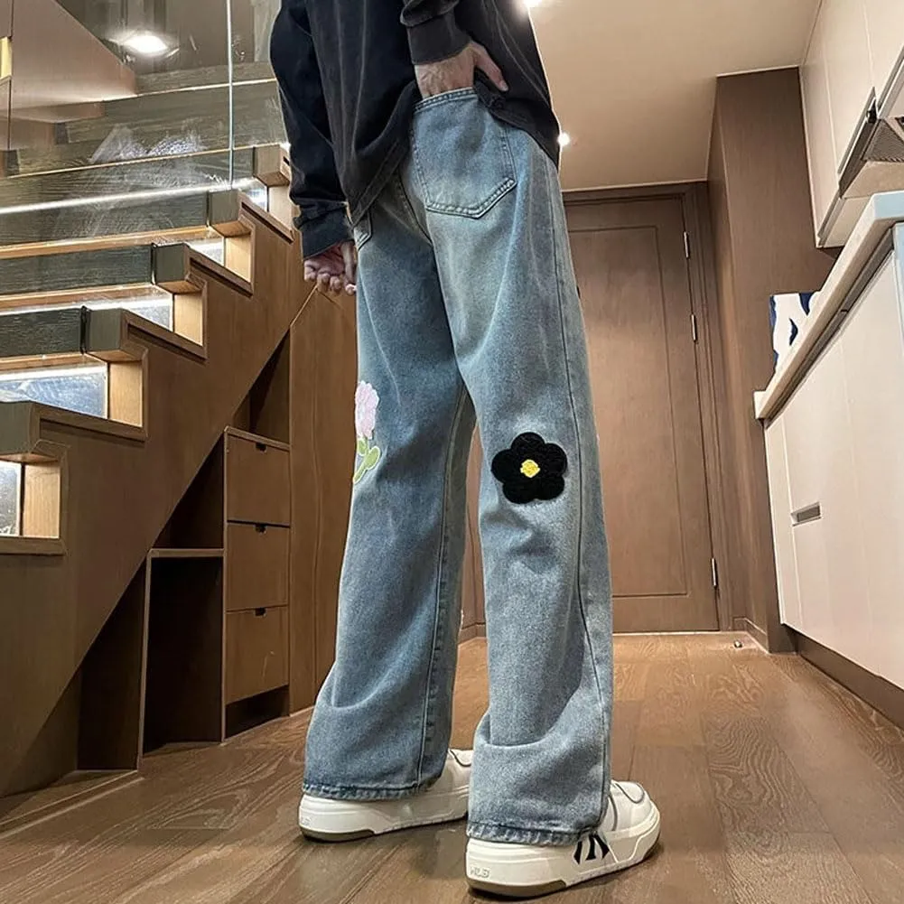 Mens Jeans Straight Leg Relaxed Fit Floral Patchwork Trendy Y2K Grunge Denim Pants