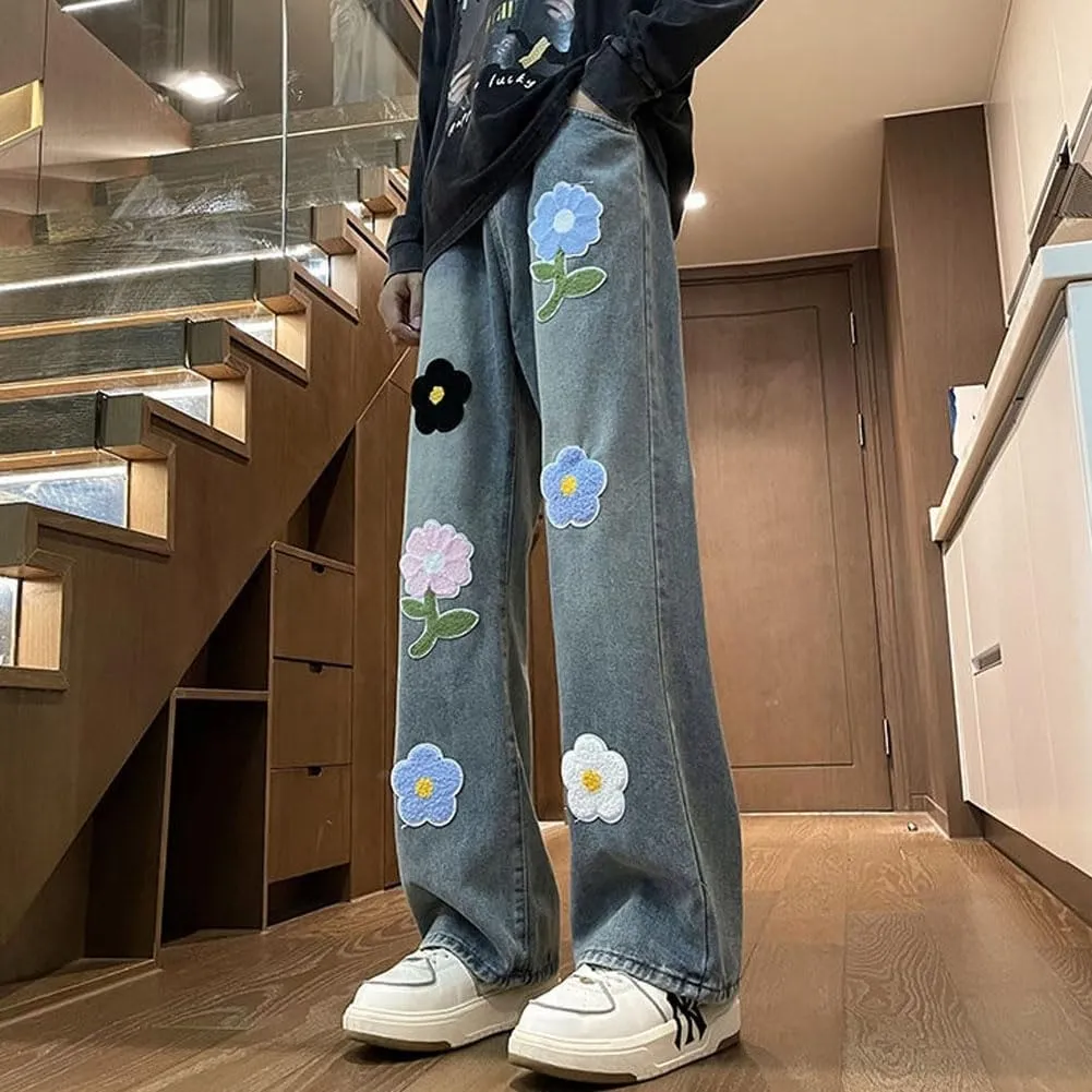 Mens Jeans Straight Leg Relaxed Fit Floral Patchwork Trendy Y2K Grunge Denim Pants