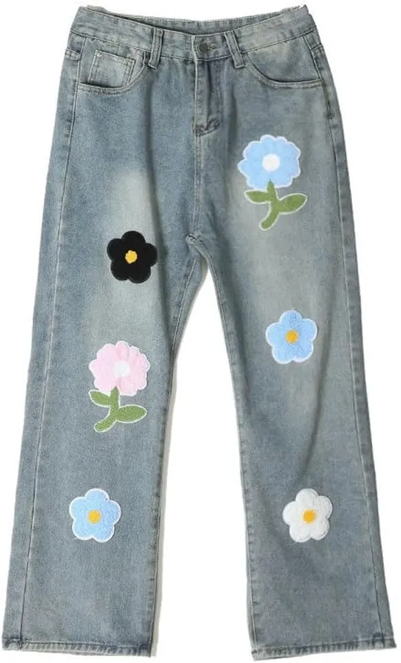 Mens Jeans Straight Leg Relaxed Fit Floral Patchwork Trendy Y2K Grunge Denim Pants