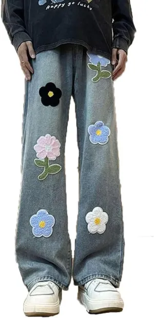 Mens Jeans Straight Leg Relaxed Fit Floral Patchwork Trendy Y2K Grunge Denim Pants