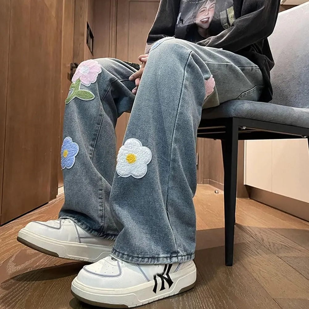 Mens Jeans Straight Leg Relaxed Fit Floral Patchwork Trendy Y2K Grunge Denim Pants
