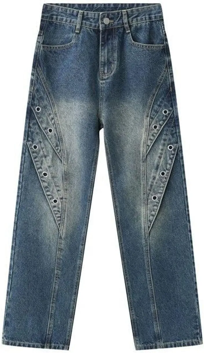 Mens Jeans Straight Leg Relaxed Fit Patchwork Trendy Y2K Going Out Denim Pants