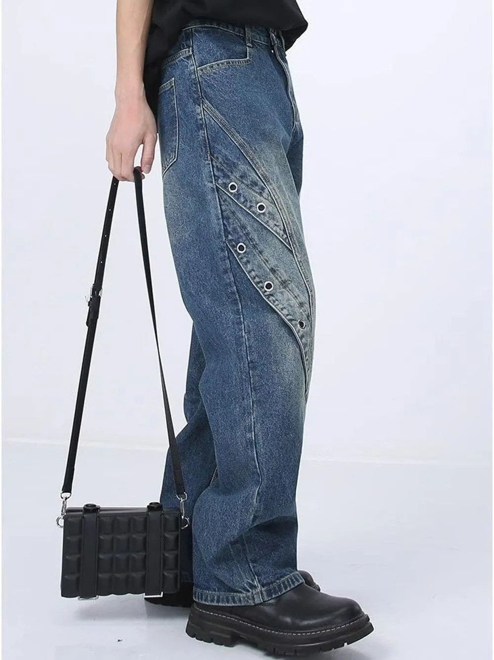 Mens Jeans Straight Leg Relaxed Fit Patchwork Trendy Y2K Going Out Denim Pants