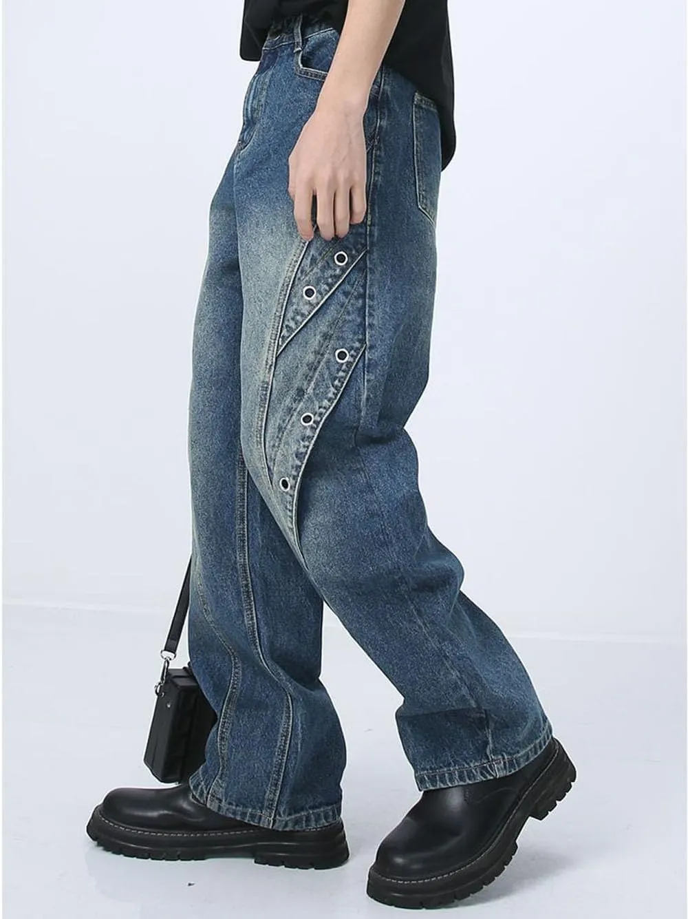 Mens Jeans Straight Leg Relaxed Fit Patchwork Trendy Y2K Going Out Denim Pants