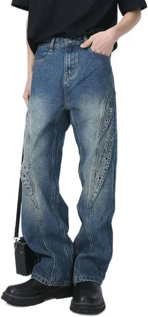 Mens Jeans Straight Leg Relaxed Fit Patchwork Trendy Y2K Going Out Denim Pants