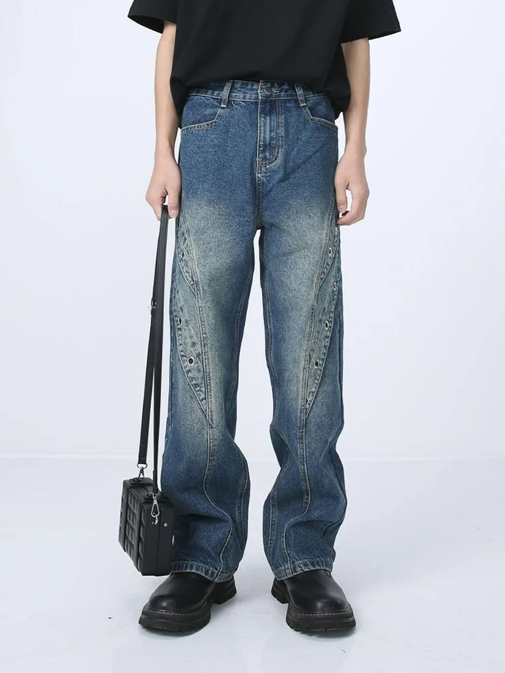 Mens Jeans Straight Leg Relaxed Fit Patchwork Trendy Y2K Going Out Denim Pants