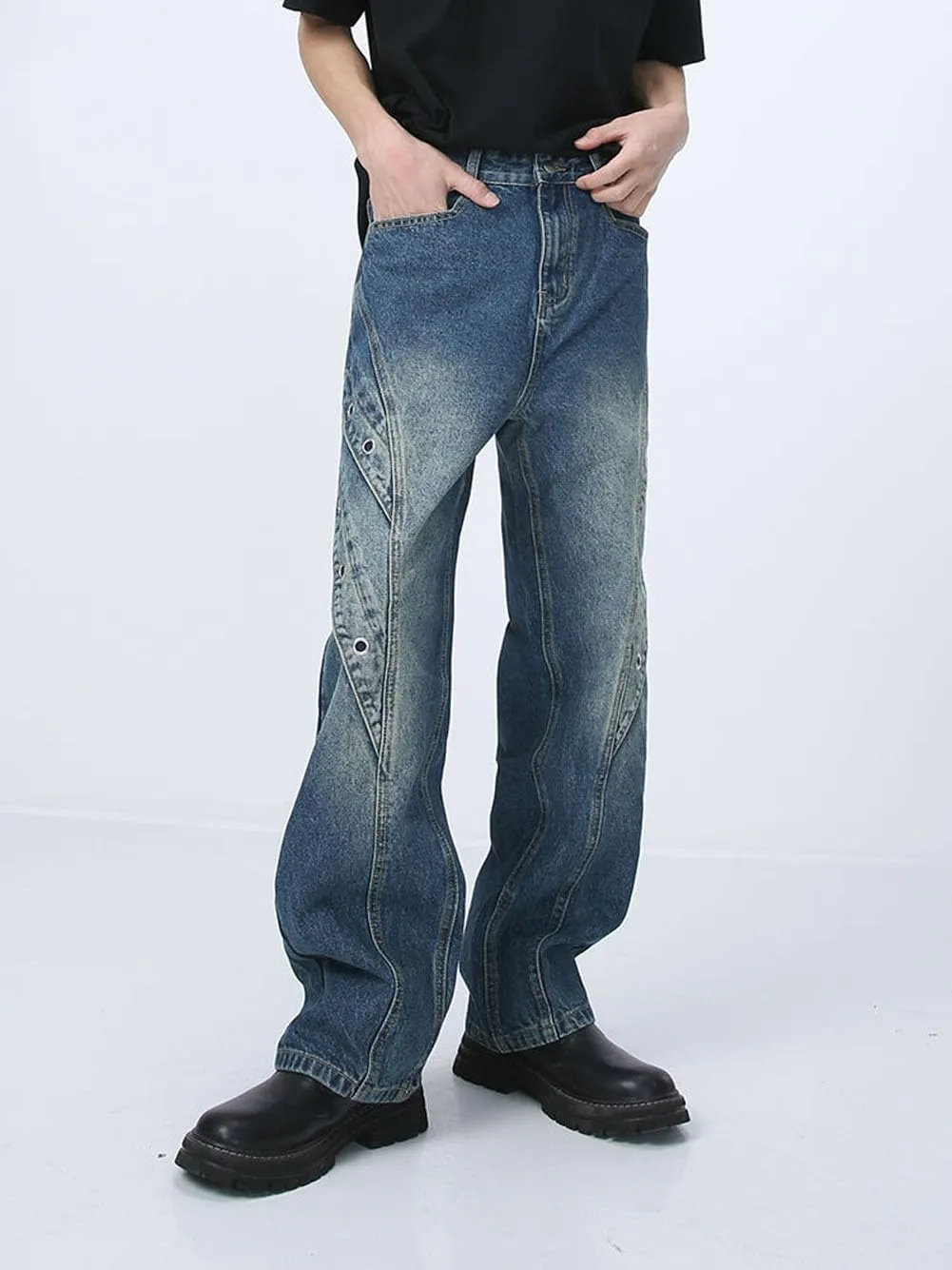 Mens Jeans Straight Leg Relaxed Fit Patchwork Trendy Y2K Going Out Denim Pants