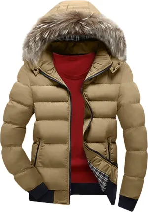 Men's Lightweight Puffer Jacket with Fur Hood Color Block Down Jacket Zip up Padded Coat Casual Warm Winter Outwear