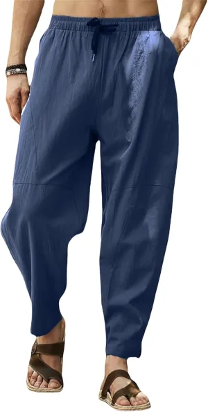 Mens Linen Harem Pants Loose Fit Drawstring Elastic Waist Pant Baggy Summer Casual Hippie Beach Yoga Short Pants