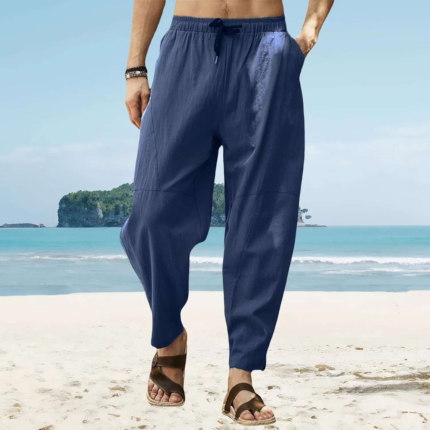 Mens Linen Harem Pants Loose Fit Drawstring Elastic Waist Pant Baggy Summer Casual Hippie Beach Yoga Short Pants